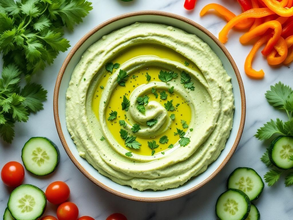 A bowl of cucumber hummus topped with olive oil and fresh herbs, surrounded by sliced cucumbers, cherry tomatoes, and bell peppers.