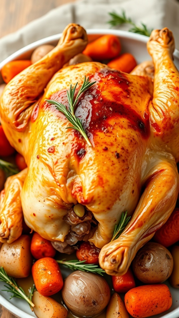 A beautifully roasted chicken surrounded by carrots and potatoes.
