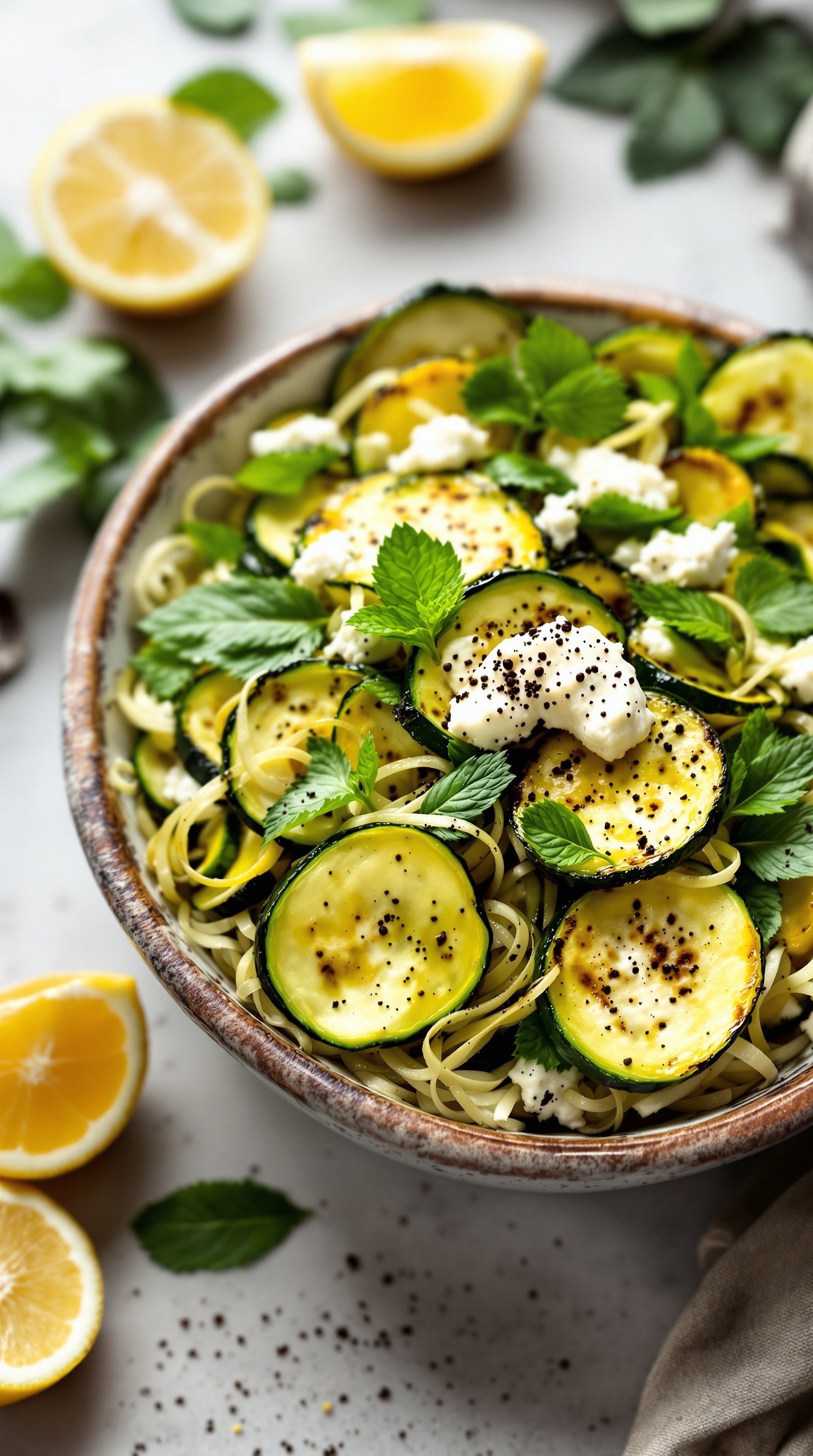 A bowl of roasted zucchini salad with mint and cottage cheese, garnished with lemon slices.