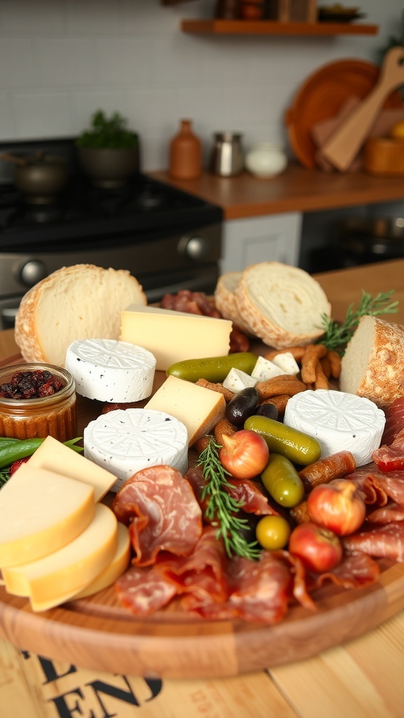 A rustic charcuterie platter featuring cheeses, cured meats, fresh bread, olives, and seasonal fruits.