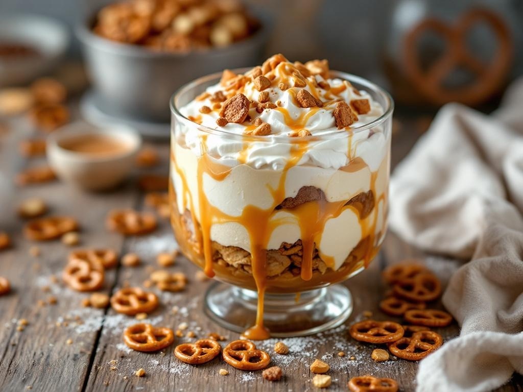 A delicious Salted Caramel Pretzel Trifle in a glass dish, topped with caramel sauce and pretzel pieces.