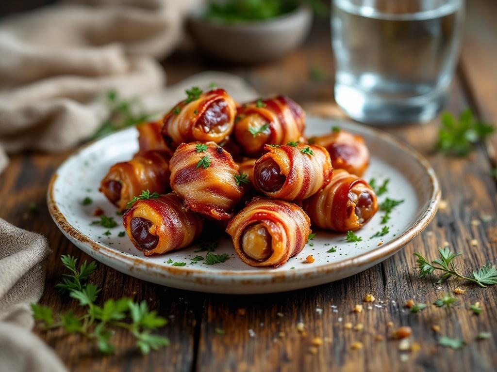 Plate of bacon-wrapped dates garnished with parsley, showcasing a savory snack.