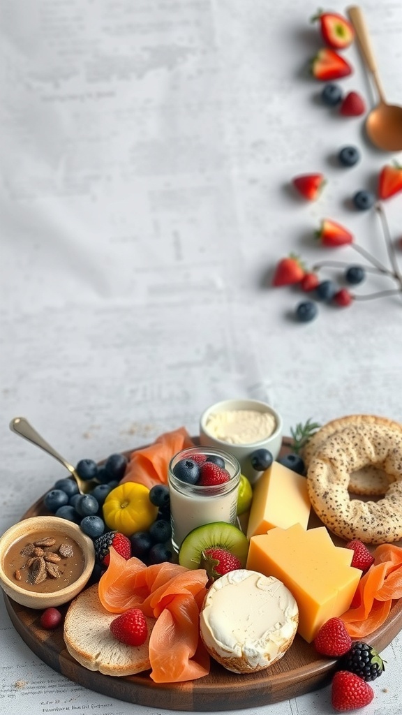 A savory breakfast board featuring smoked salmon, cheeses, fresh fruits, and bagels.