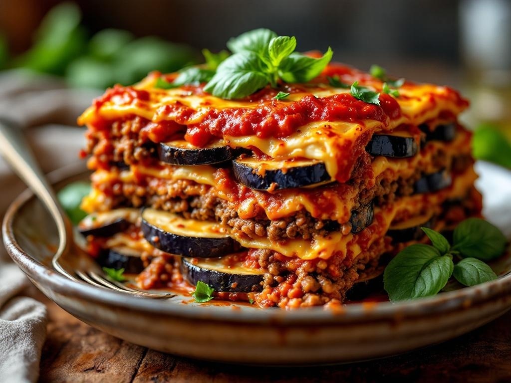A delicious eggplant lasagna layered with ground meat and topped with tomato sauce and fresh basil.