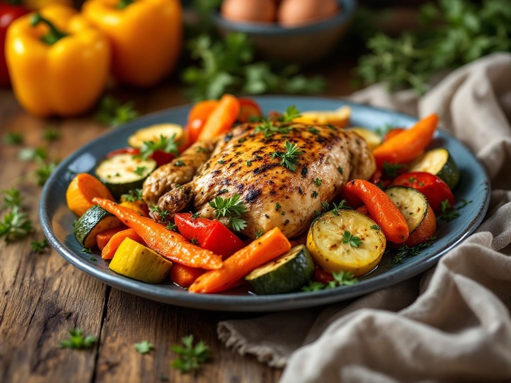 Herb-roasted chicken with colorful vegetables on a plate
