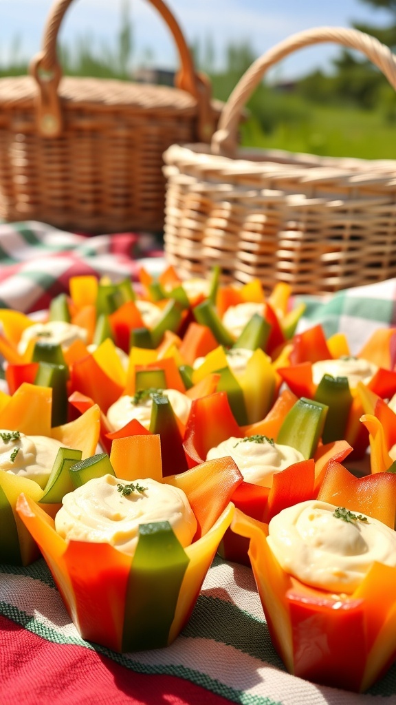 Colorful bell pepper cups filled with hummus, garnished with herbs, set on a picnic blanket.