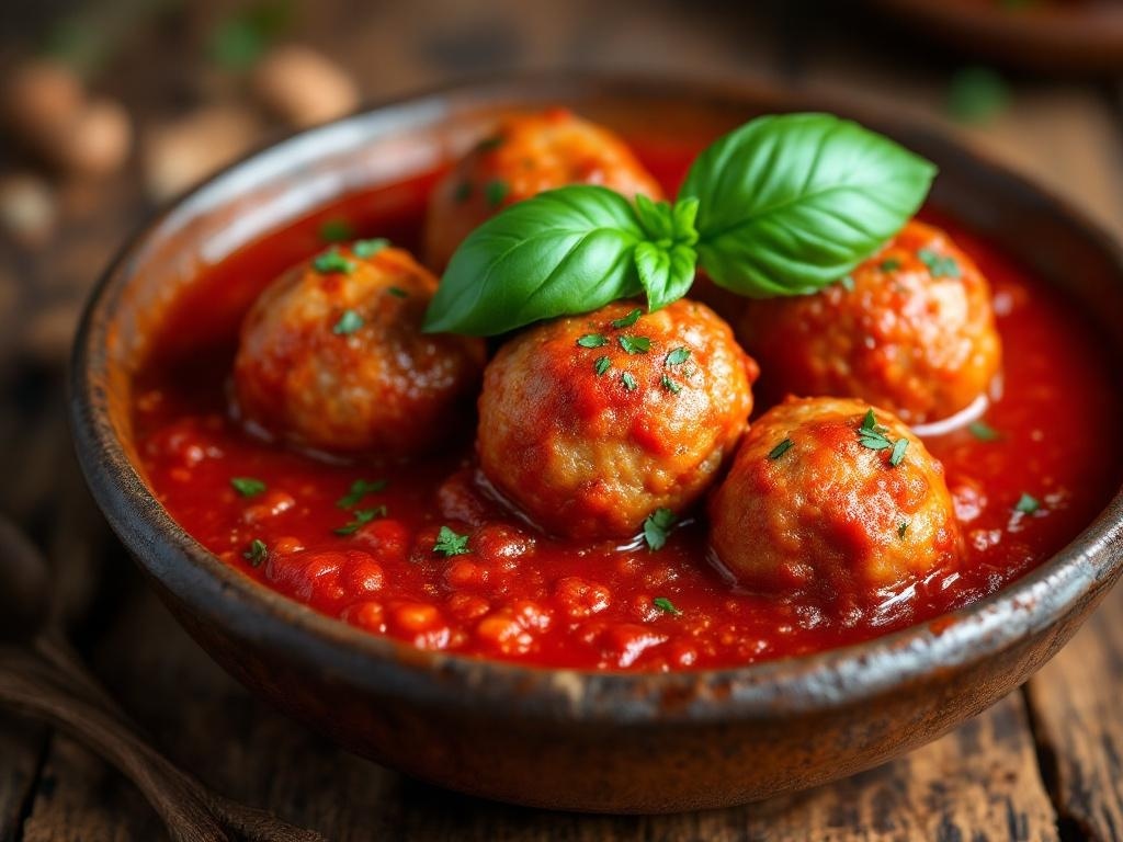 Savory Italian meatballs in marinara sauce garnished with basil