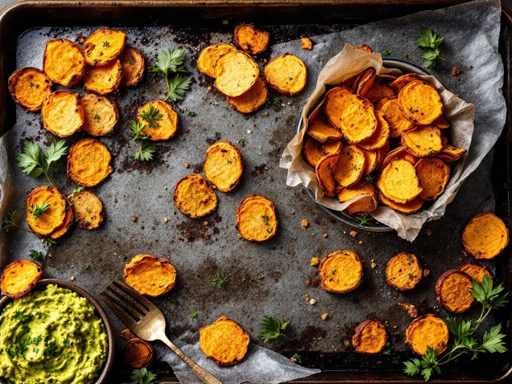 A tray of golden-brown sweet potato chips with a bowl of guacamole and fresh herbs.