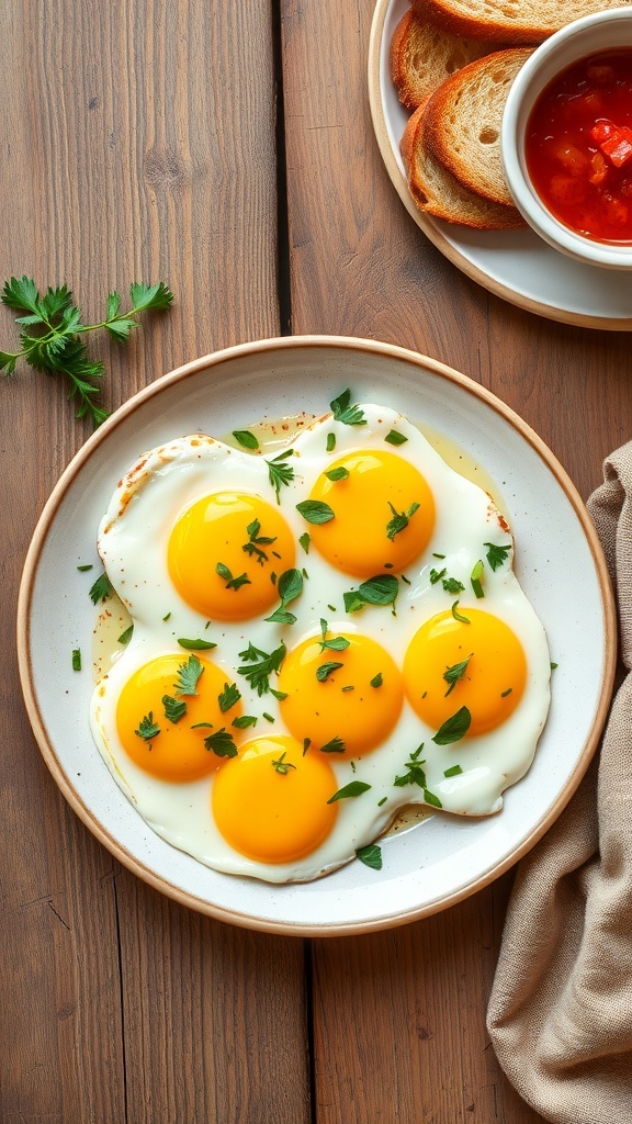 A plate of scallion fried eggs garnished with herbs and served with toast and salsa.