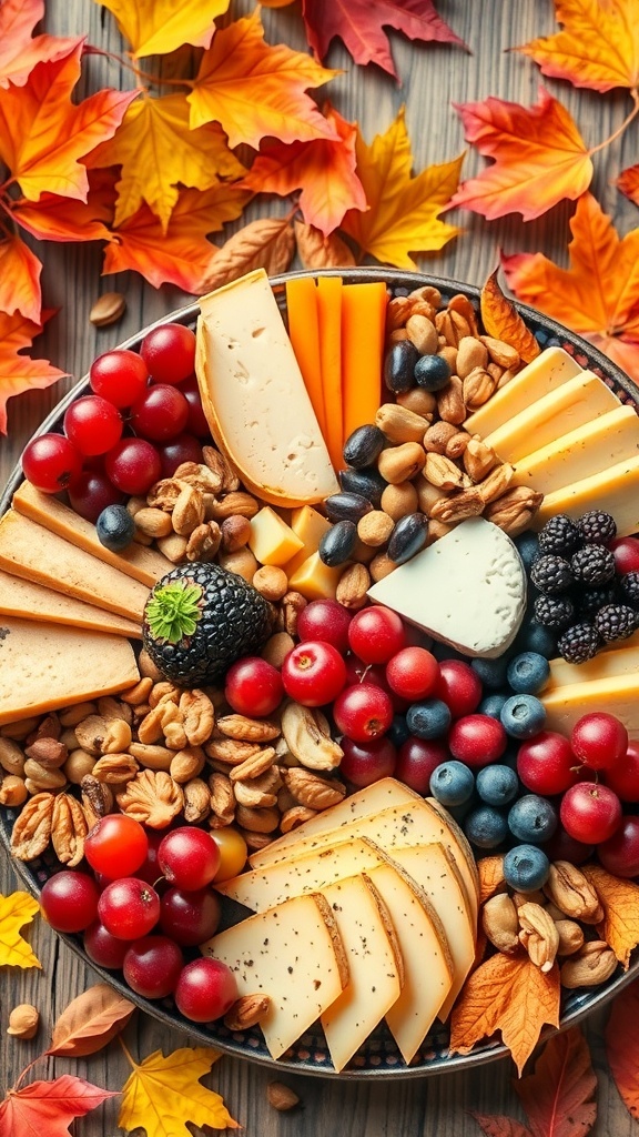 A seasonal charcuterie platter featuring various cheeses, nuts, and fresh fruits, surrounded by autumn leaves.