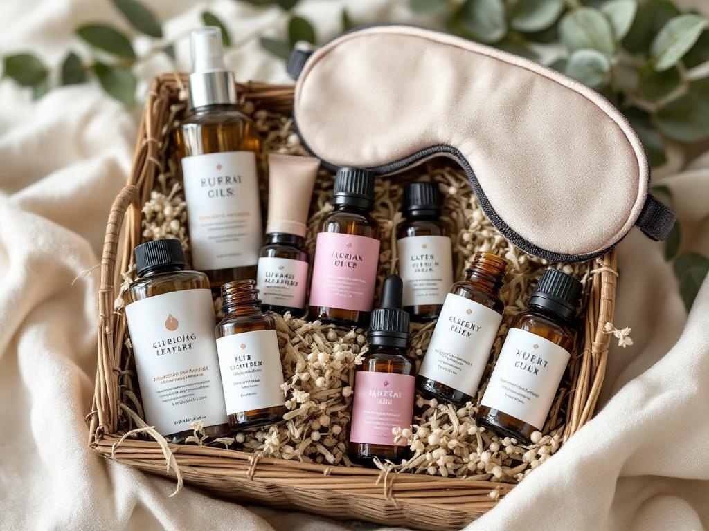 A self-care essentials basket filled with oils, creams, and an eye mask on a soft surface.