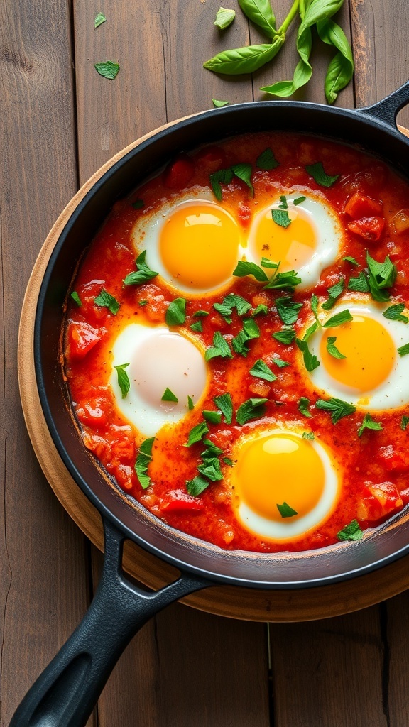 A skillet of shakshuka with poached eggs in a rich tomato sauce, garnished with fresh herbs.
