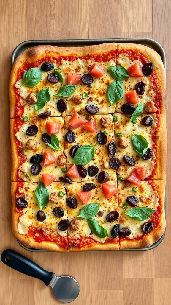 A delicious sheet pan pizza topped with tomatoes, olives, and basil.