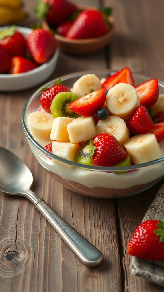 A bowl of colorful fruit salad with strawberries, bananas, kiwis, and blueberries on a wooden table.