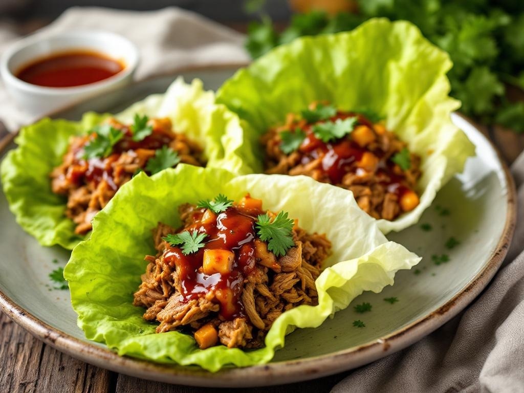 Slow-Cooked BBQ Pulled Pork Lettuce Wraps with cilantro and BBQ sauce