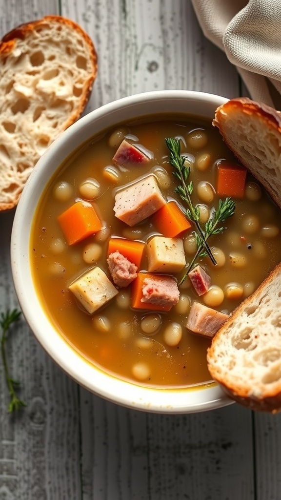 Bowl of split pea soup with chunks of ham and carrots, served with slices of bread.