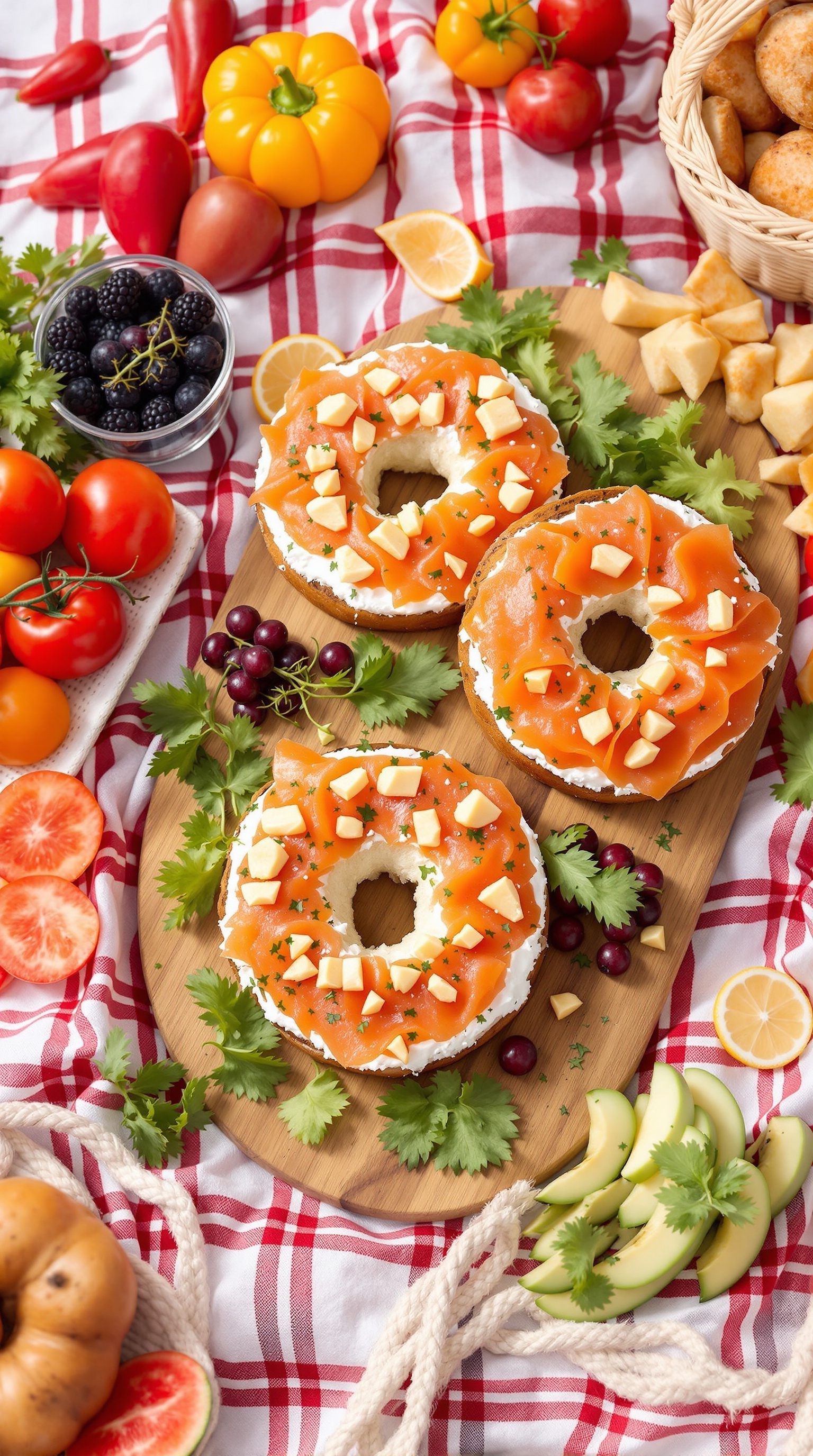 Smoked salmon and cream cheese bagels on a picnic table with colorful vegetables and fruits.