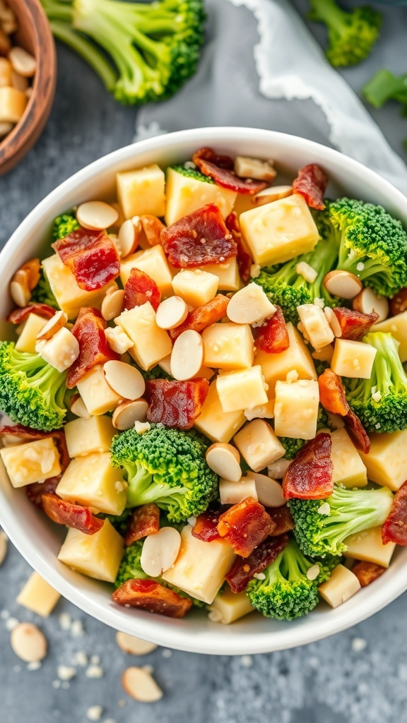 A bowl of Southern-Style Broccoli Salad with broccoli, cheese, bacon, and almonds