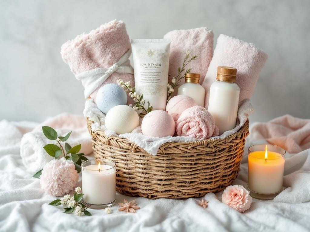 A beautifully arranged spa day gift basket with pink towels, bath bombs, lotions, and candles.