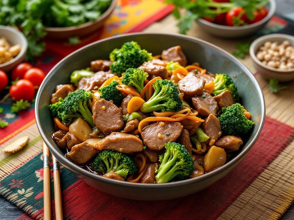 A colorful bowl of spicy beef and broccoli stir-fry with carrots and sesame seeds