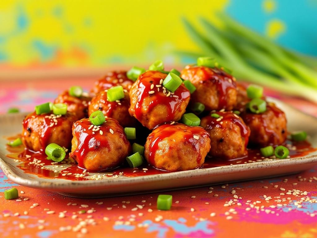 Spicy chicken meatballs with Sriracha glaze, garnished with green onions and sesame seeds.