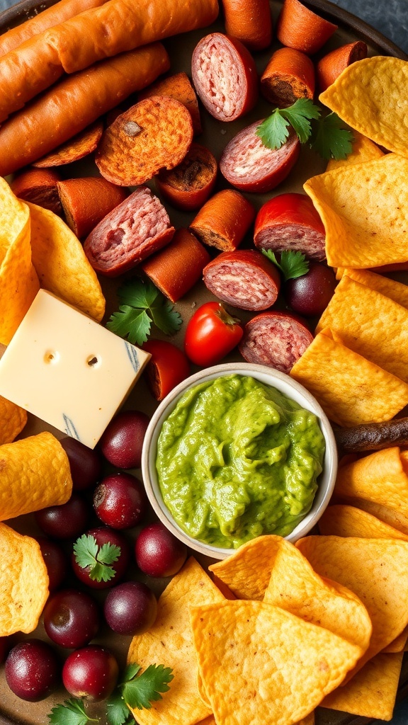 A colorful charcuterie platter featuring spicy sausage, tortilla chips, guacamole, grapes, and cheese.
