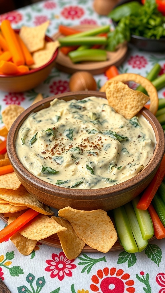 A bowl of spinach artichoke dip surrounded by tortilla chips and fresh vegetables.