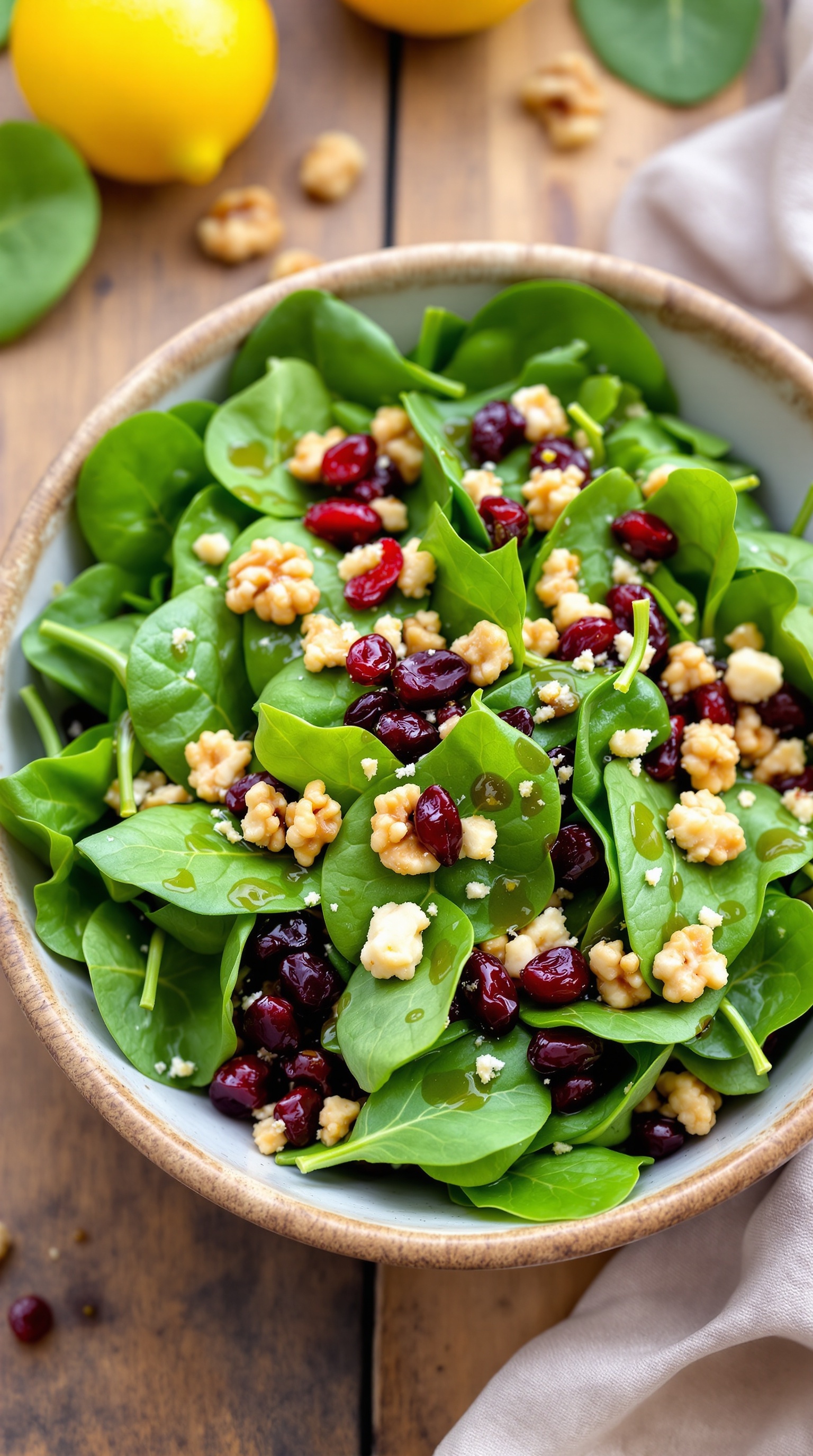 A fresh spinach salad with dried cranberries, walnuts, and cottage cheese, drizzled with lemon-olive oil dressing.