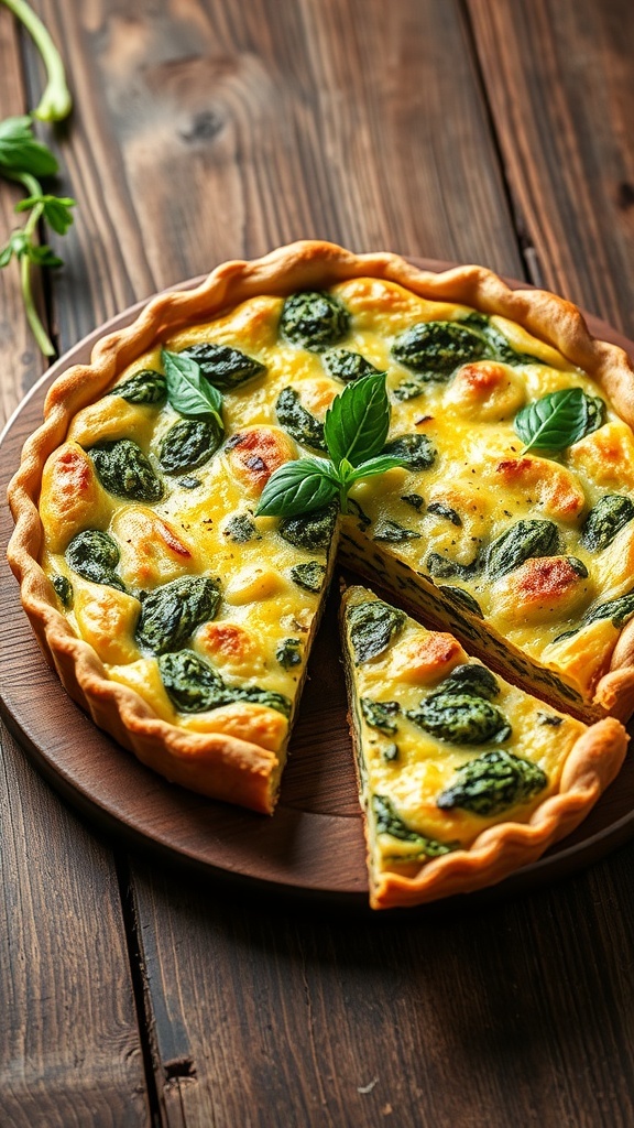 A delicious spinach quiche with a golden crust, filled with spinach and cheese, sliced and ready to serve.