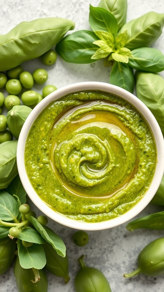 A bowl of vibrant green spring pea pesto surrounded by fresh basil and peas.
