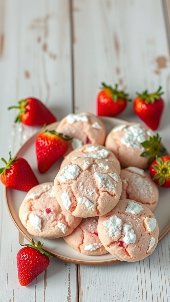 Plate of strawberry cake mix cookies with fresh strawberries