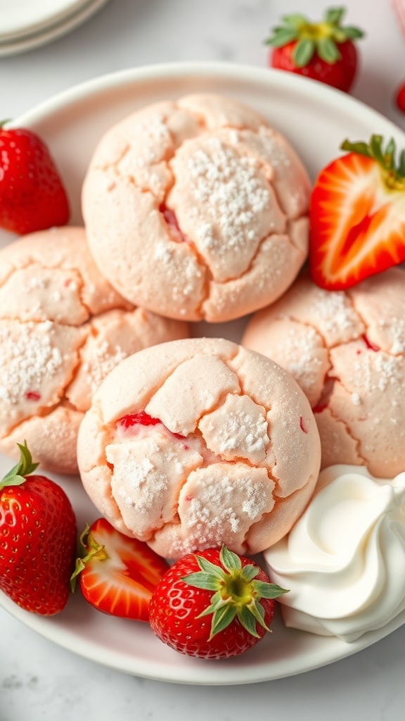 Plate of strawberry Cool Whip cookies with fresh strawberries and whipped cream