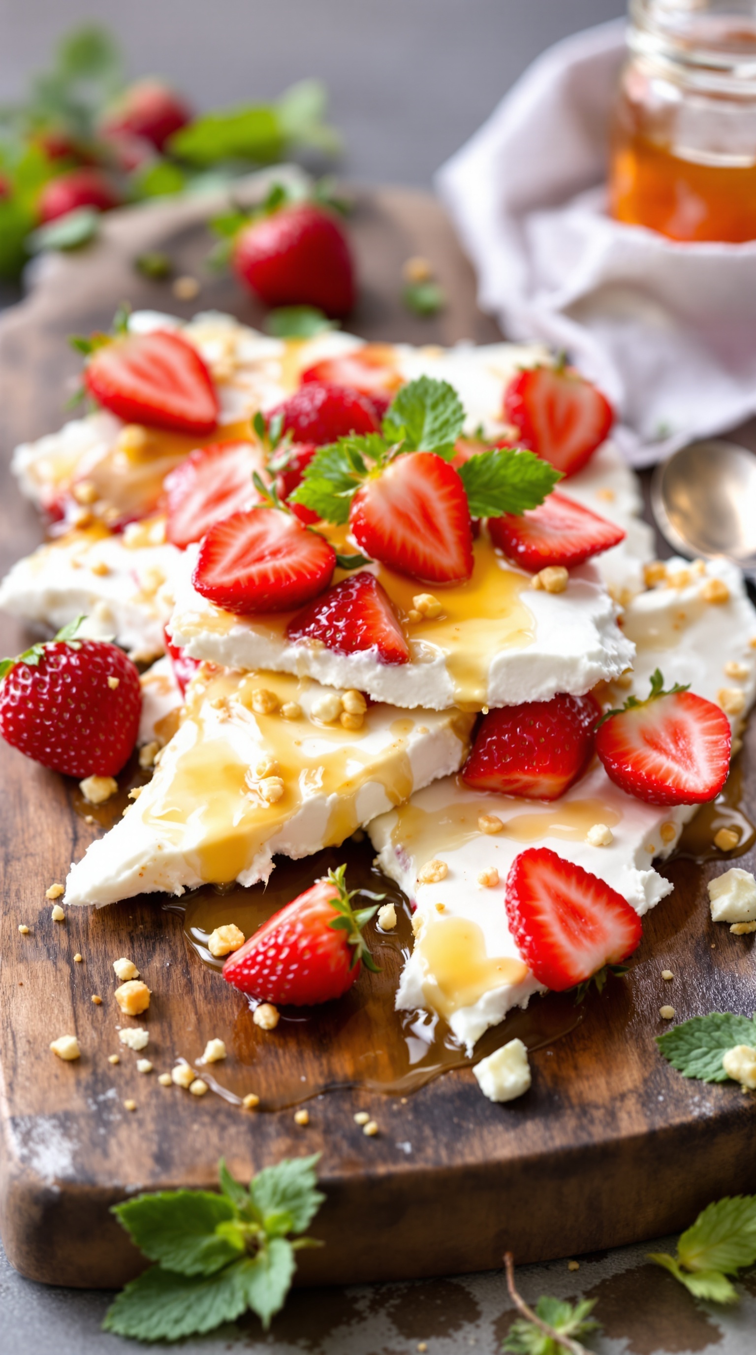 Strawberry Honey Cottage Cheese Bark with fresh strawberries and honey on a wooden board