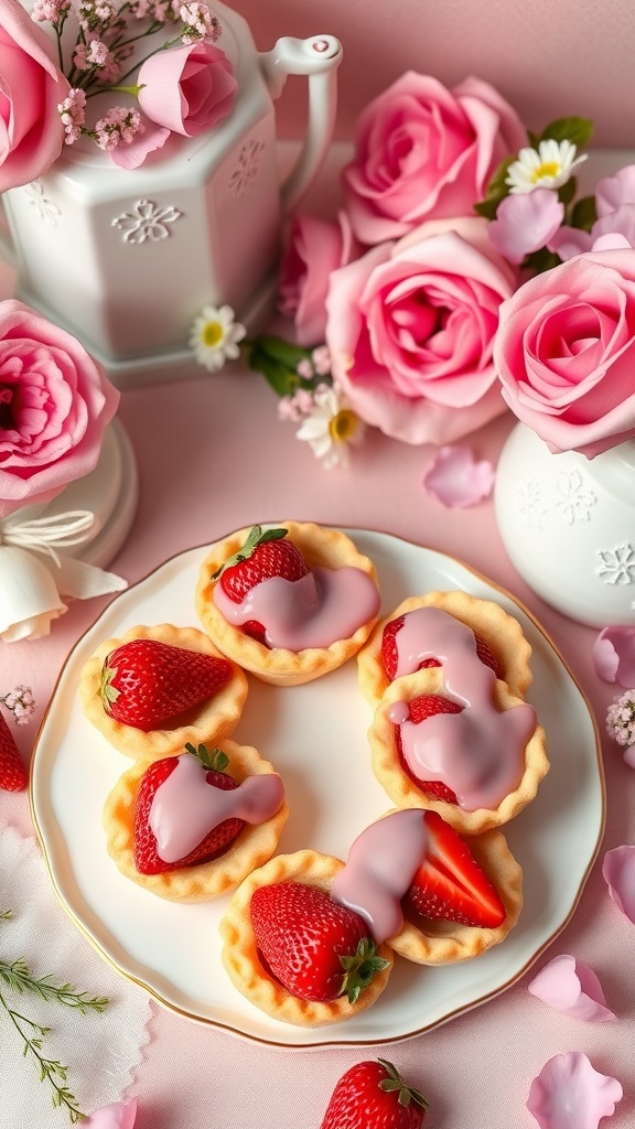 A plate of strawberry mini pies with rose glaze, surrounded by pink roses and flowers.