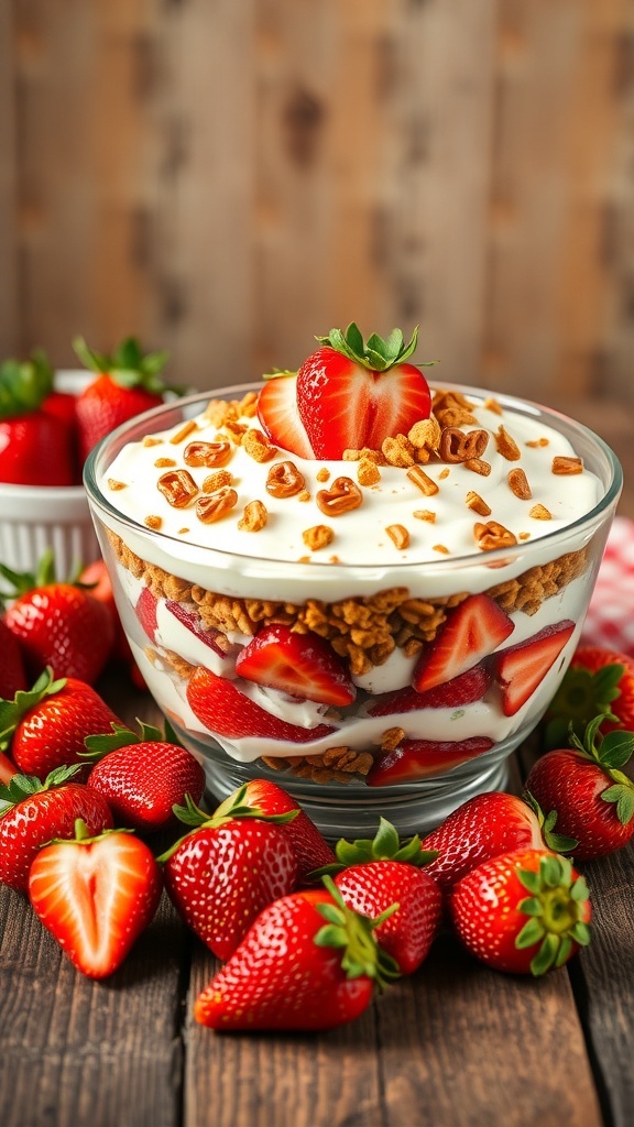 A bowl of Strawberry Pretzel Salad topped with fresh strawberries and granola, surrounded by more strawberries on a wooden table.