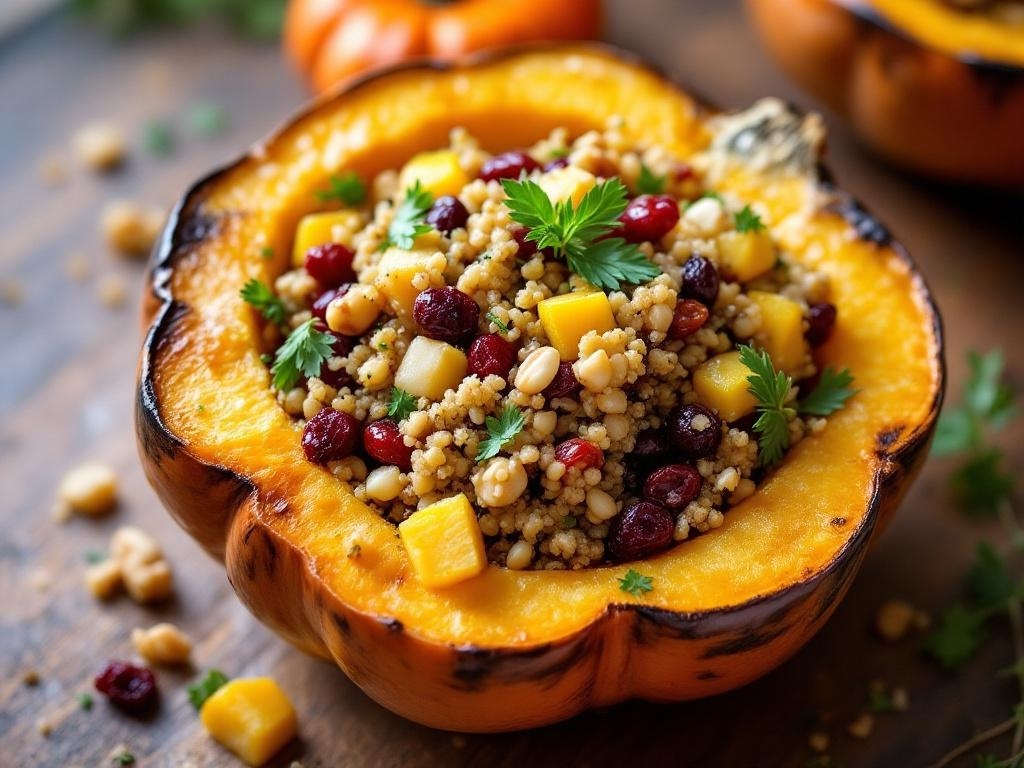 Stuffed acorn squash filled with quinoa, cranberries, and herbs.