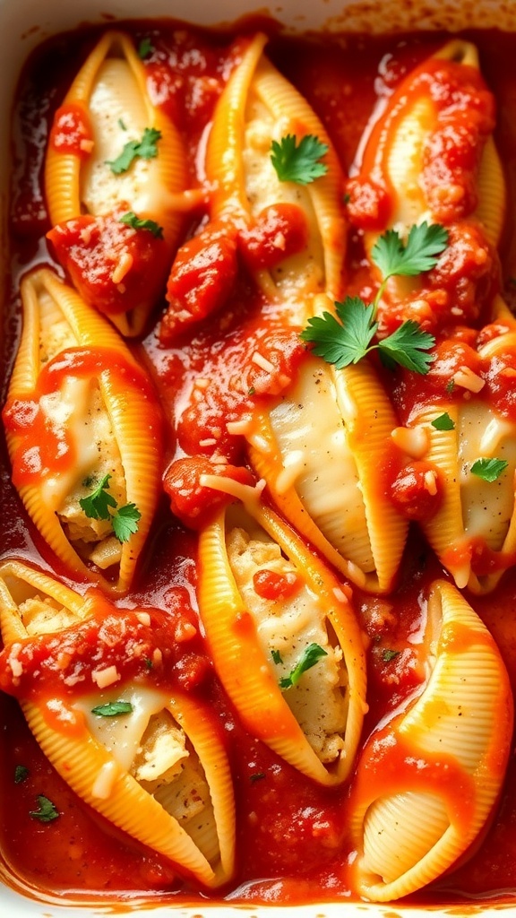 A close-up of stuffed pasta shells filled with cheese and topped with marinara sauce and herbs.