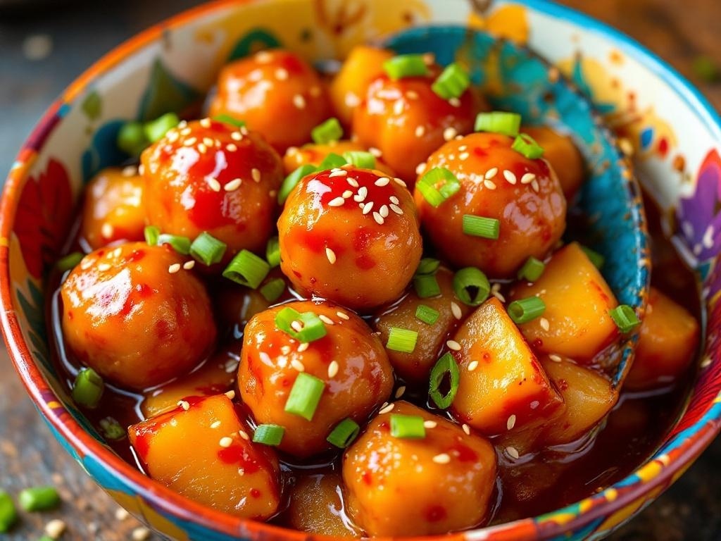 A colorful bowl of sweet and sour meatballs with pineapple, garnished with green onions and sesame seeds.