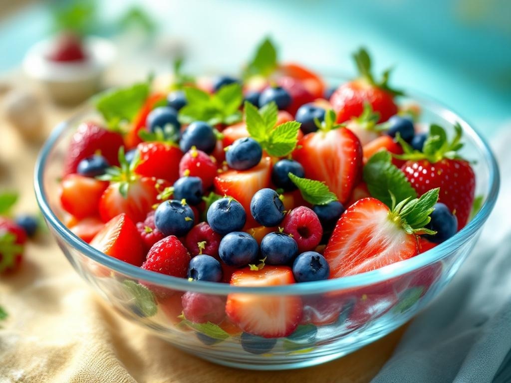 A colorful bowl of mixed berries including strawberries, blueberries, and raspberries garnished with mint leaves.