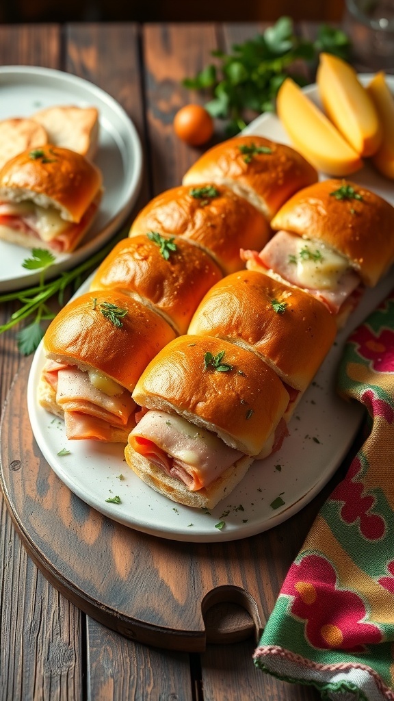 A platter of sweet Hawaiian roll sandwiches filled with ham and cheese, garnished with parsley.