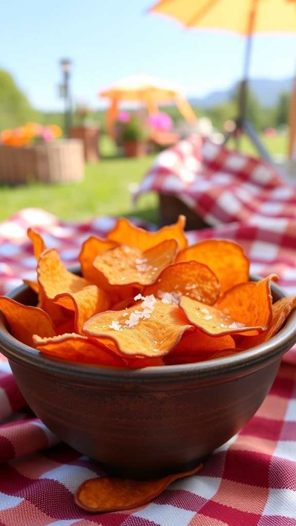 A bowl of homemade sweet potato chips on a picnic blanket