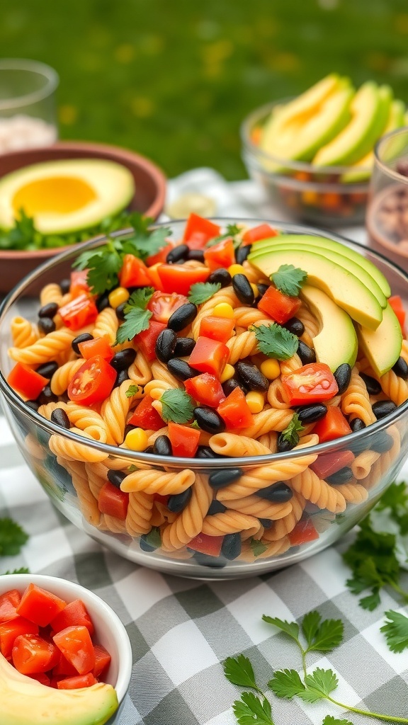 A bowl of taco pasta salad with spiral pasta, black beans, corn, diced tomatoes, avocado slices, and cilantro on a checkered tablecloth.