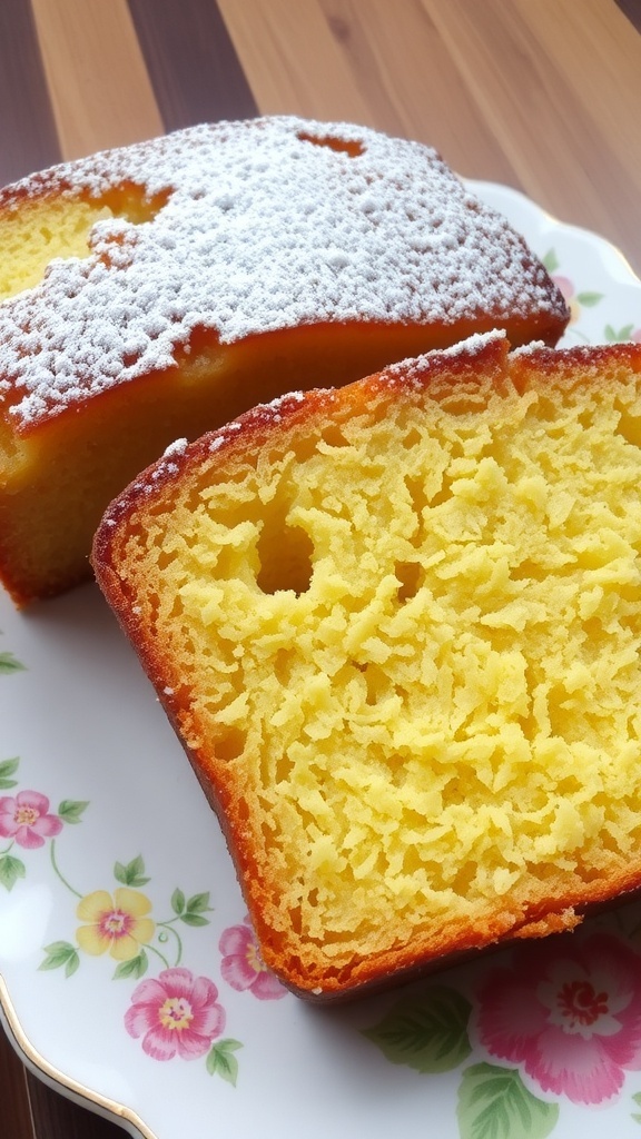 Slices of tea-infused pound cake on a floral plate, dusted with powdered sugar.