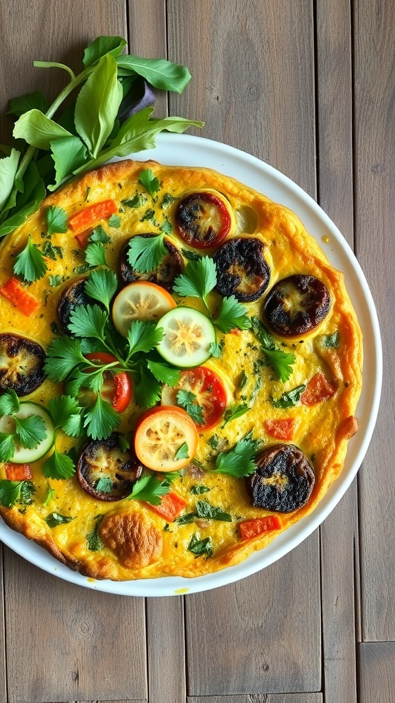 A colorful frittata topped with vegetables and herbs on a white plate.