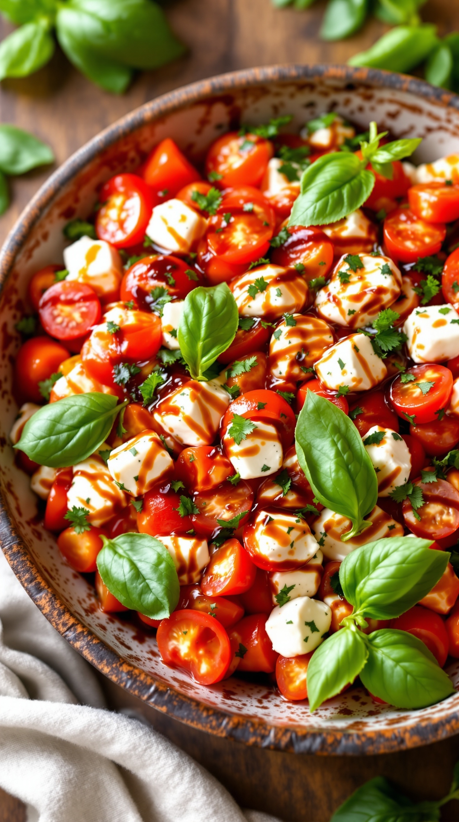 A vibrant Tomato Basil Cottage Cheese Salad with diced tomatoes, fresh basil, and a drizzle of balsamic vinegar.