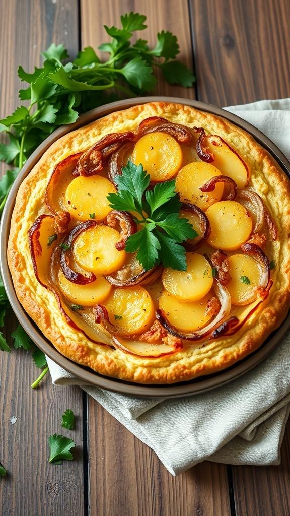 A beautifully presented Tortilla Española with potatoes and onions, garnished with parsley.