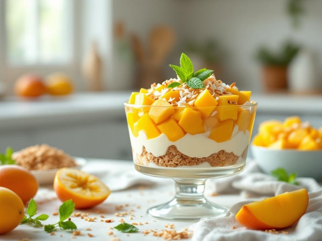 A tropical mango coconut trifle with layers of mango, coconut cream, and graham cracker crumbs, garnished with mint leaves.