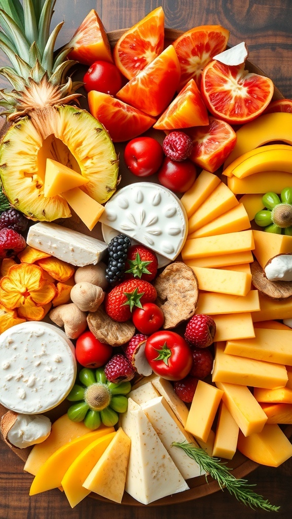 A colorful tropical charcuterie platter featuring fruits like pineapple, blood orange, and strawberries, alongside various cheeses.