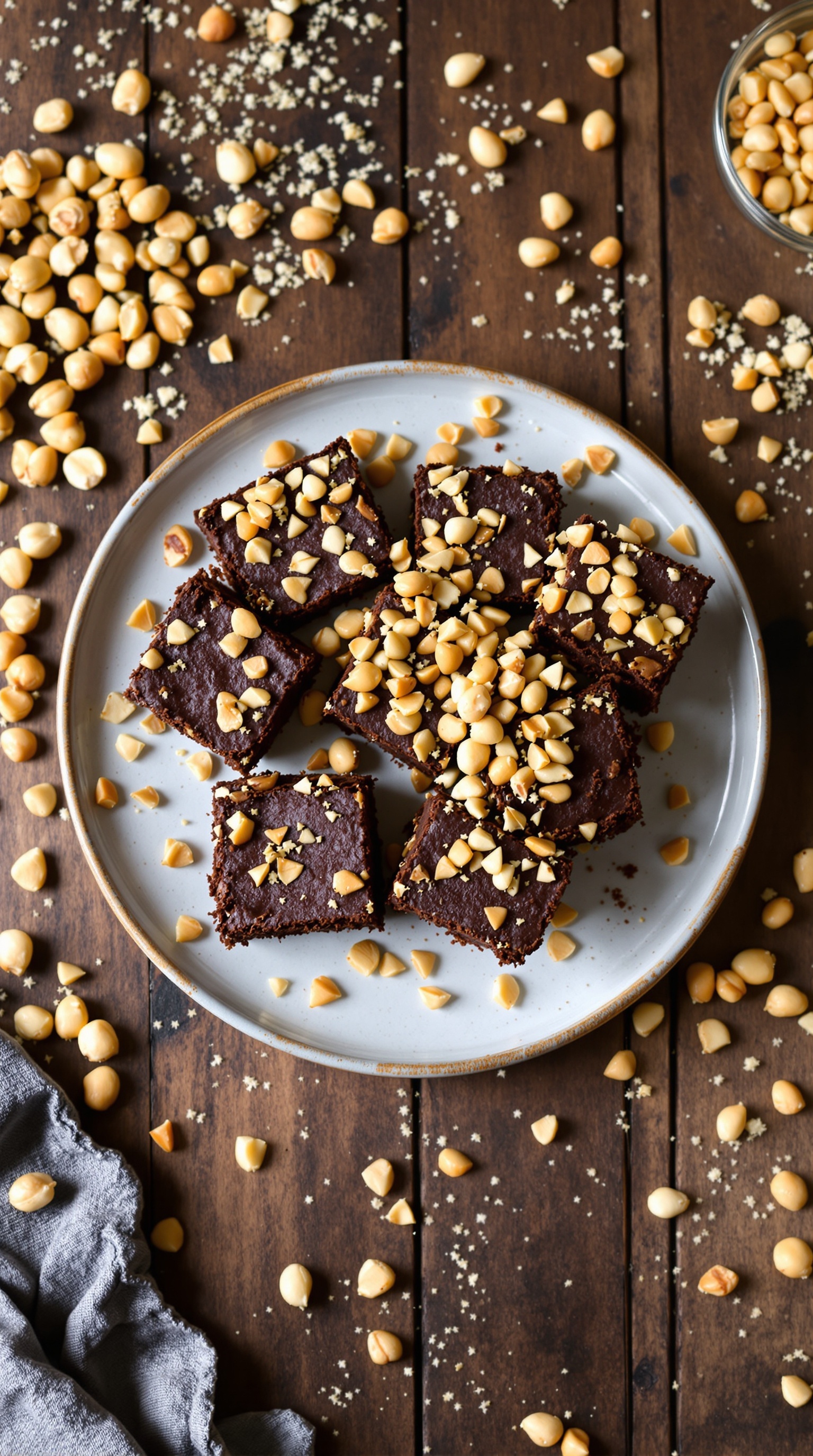 Fudgy paleo brownies topped with hazelnuts on a rustic wooden table.