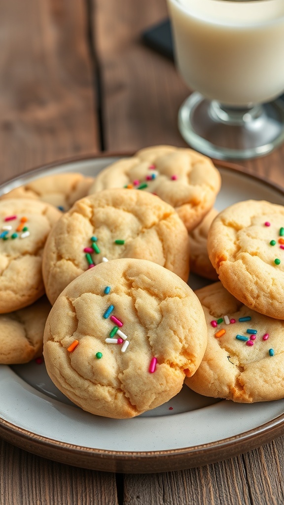 Plate of vanilla cake mix cookies with colorful sprinkles and a glass of milk